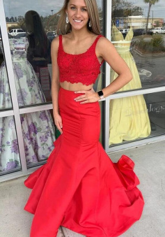 Mermaid Two Pieces Lace Red Prom Dresses Formal Dresses