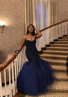 Vintage Sweetheart Navy Blue Prom Dress With Beading
