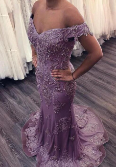 Mermaid Off The Shoulder Lace Beaded Formal Dresses