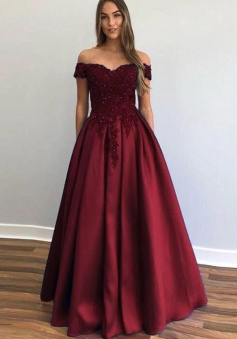 A Line burgundy formal dress Long Prom Dress with Lace