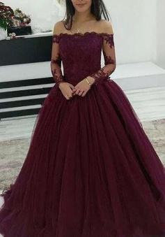 Off The Shoulder Long Sleeves Burgundy Prom Dresses With Lace Applique