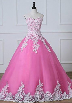 Strapless Pink Tulle Long Ball Gown Quinceanera Dres