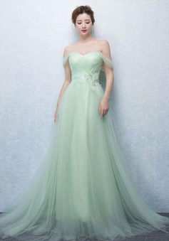 Off Shoulder Cute mermaid green tulle long prom dress
