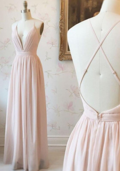 Princess A-line Floor Length Pink Chiffon Long Prom Dress
