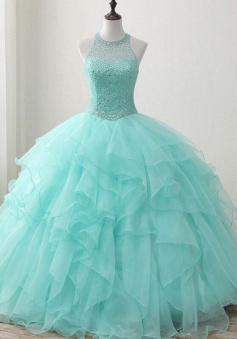 Floor-length Organza Jewel Neck Ball Gown Quinceanera Dresses With Beadings