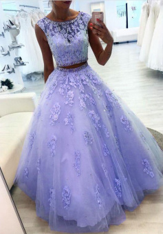 Gorgeous Two Pieces Sexy Lavender Tulle Lace Prom Dresses