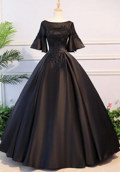 Open Back Mid Sleeve Long Black Satin Evening Dress