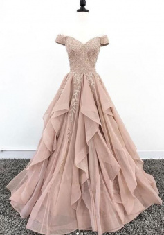 Elegant Off Shoulder A Line Prom Dresses With Lace
