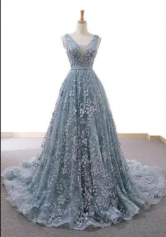 Mermaid V Neck Grey Blue Tulle Lace Evening Dresses