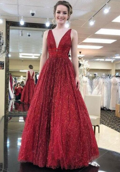 A Line Burgundy Open Back Sparkly Prom Dresses with Straps