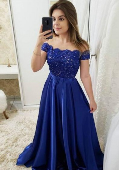 Off The Shoulder Royal Blue Formal Evening Gown With Lace Appliques
