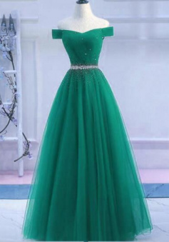 Off Shoulder Green Tulle Long A Line Prom Dress