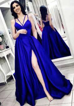 Spaghetti Straps V-neck Long Royal Blue Split Prom Dresses