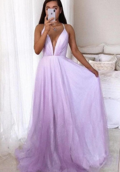 A line Purple V Neck Prom Dress