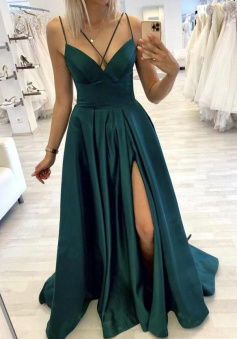 A line V Neck Split Long Prom Dresses