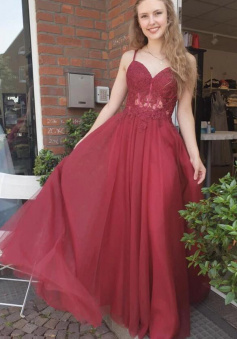 A line Burgundy Tulle Long Evening Dress with Lace