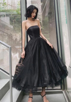 Strapless Black Tea Length Prom Dress