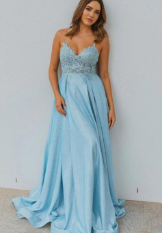 Spaghetti Straps A-line Light Blue Long Formal Dress with Lace