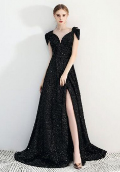 Mermaid Black Sequins Evening Dress With Split