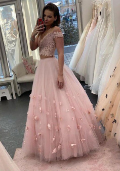 A Line Two pieces Tulle Pink Prom Dresses With Lace