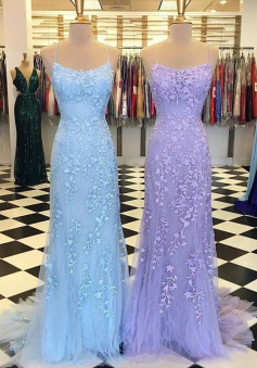 Sheath Mermaid Light Blue Tulle Spaghetti Straps Prom Dresses With Lace