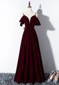 Floor Length Burgundy Velvet Long Prom Dress