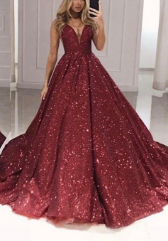 Sexy Burgundy Sequin V-neck Mermaid Prom Dresses