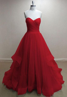 Pretty Tulle Red Sweetheart Long Prom Dresses