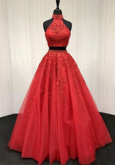 A Line Red Two Pieces Tulle Prom Dresses With Lace