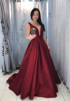 Simple Mermaid Burgundy V Neck Satin Long Prom Dress