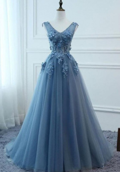 Mermaid Blue V Neck Tulle Prom Dresses With Lace