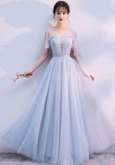 Gray a line v neck tulle long prom dress evening dress