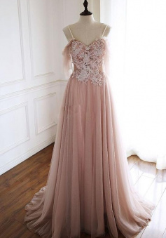 Charming A Line Pink Chiffon Prom Evening Dress with Lace