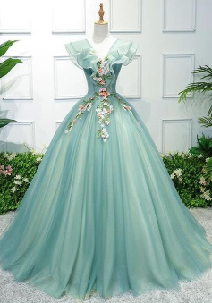 High Quality Green V-Neck Applique Ball Gowon Evening Dress