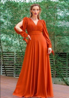 Simple A Line V Neck Orange Chiffon Prom Dresses