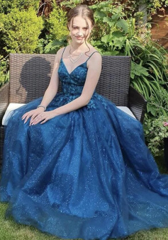 A line V Neck Blue Lace Prom Dress