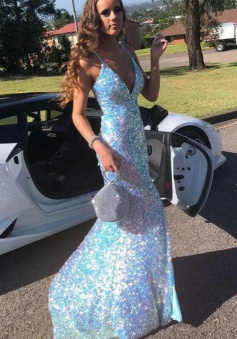 Sparkly Mermaid Light Blue Sequins V Neck Prom Dresses