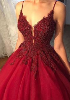 Elegant Spaghetti Straps A-Line Burgundy Lace Formal Dresses