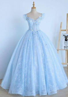 Cap Sleeve Light Blue Lace Sweet 16 Ball Gown Prom Dress