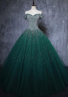 Off Shoulder Green Tulle Long Evening Dress With Beaded