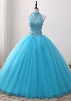 Ball Gown O Neck Strapless Blue LaceTulle Quinceanera Dress