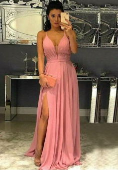 Spaghetti Straps A Line Pink Split Chiffon Prom Dress