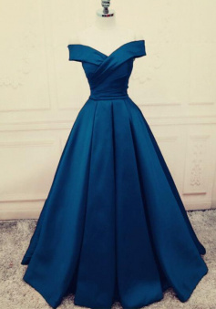 Off the shoulder navy blue prom dresses satin evening dress