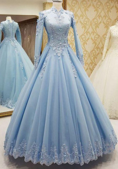 Customize High Neck Formal Tulle Evening Dress with Long Sleeves