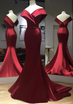 Simple burgundy long mermaid prom dress