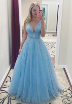 Floor Length Light Blue V Neck TUlle Prom Dresses With Beading