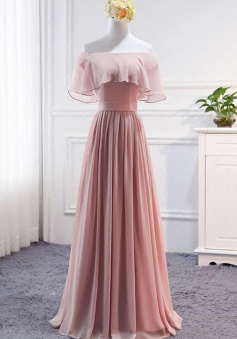 Off the shoulder pink chiffon prom dresses