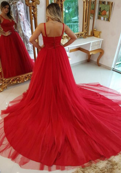 Sexy Red V-Neck Evening Dress Tulle Prom Dress