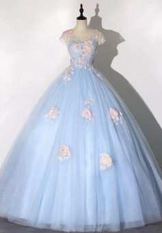 Ball Gown Floor Length Blue Tulle Lace Evening Dress