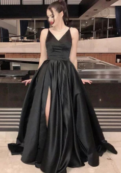 Mermaid Black V Neck Split Long Prom Dresses